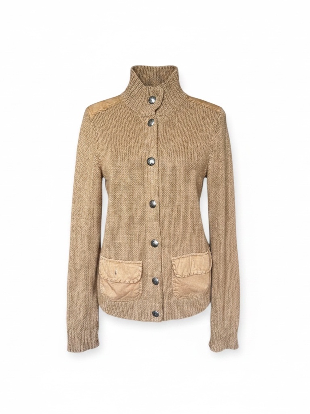 Ralph Lauren Vintage knit Cardigan Sweater – Camel with Suede Pockets - L